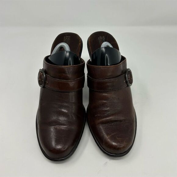 Born Women's Brown Leather Slip On Clogs Size 7 Buckle Detail Block Heel - Picture 4 of 11